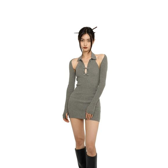 Sweet Chilling Under Wraps Ribbed Knit Dress Set - S - Gray - Picture 1 of 3